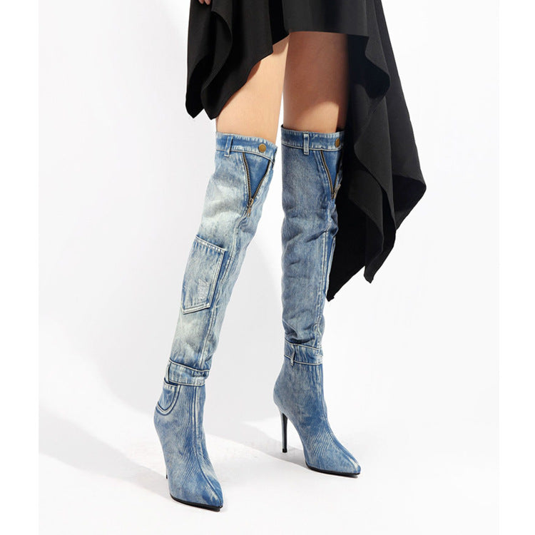 Jeans-Over- Knie Stiefel