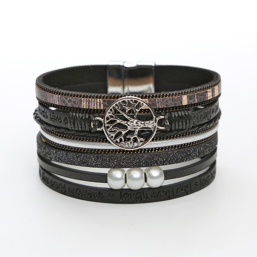 Pearl leather bracelet with tree of life